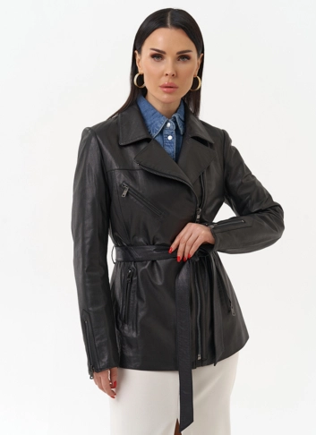 Кожаная куртка с поясом фото