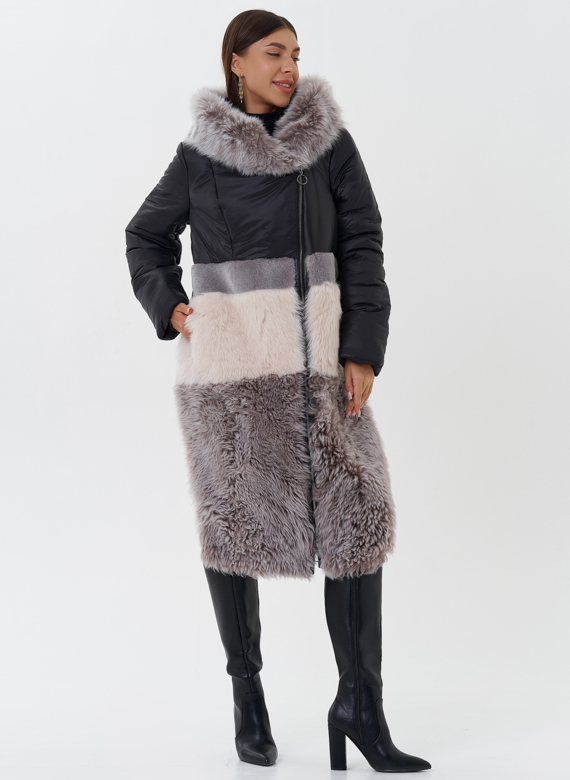 Комбинированный пуховик с овчиной