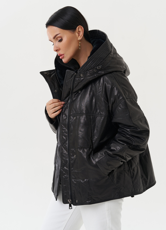 Утепленная куртка из натуральной кожи с капюшоном модель № 28111 универмаг малина