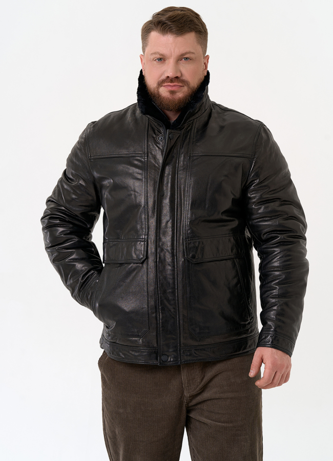 Куртка из натуральной кожи черного цвета модель № 25643 меха малина