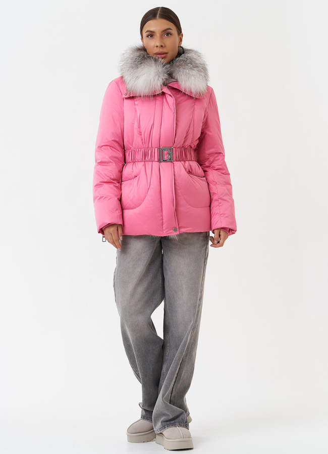 Пуховик с мехом чернобурки модель № 28572 меха малина