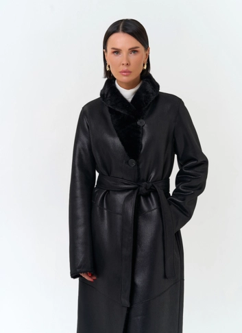 Женская удлиненная дубленка из эко замши