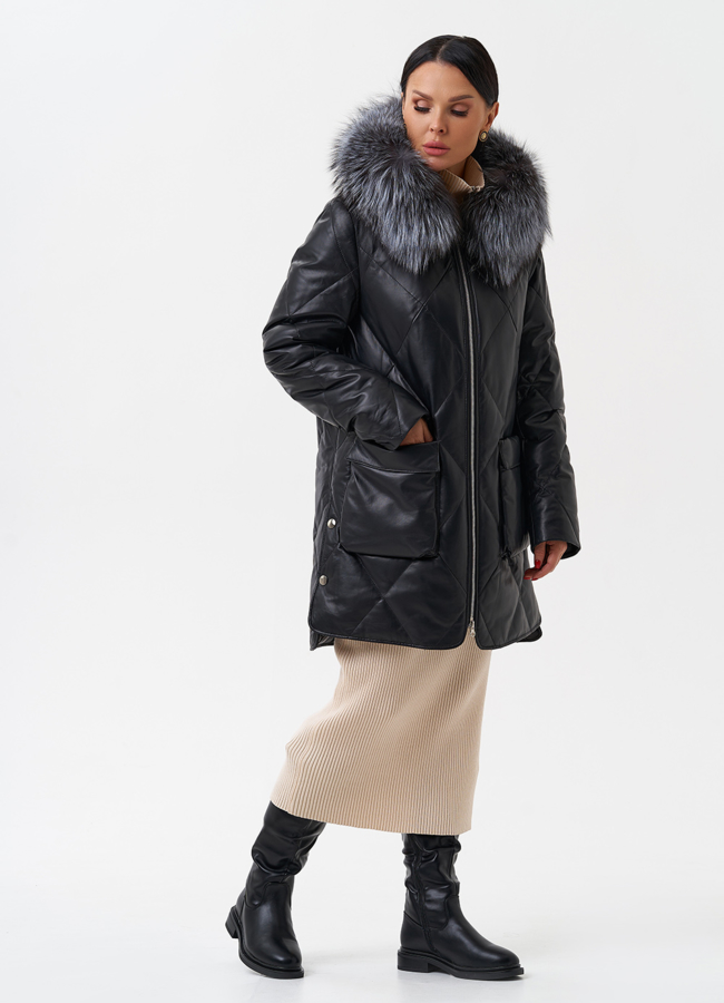Женский кожаный пуховик с капюшоном модель № 28908 универмаг малина