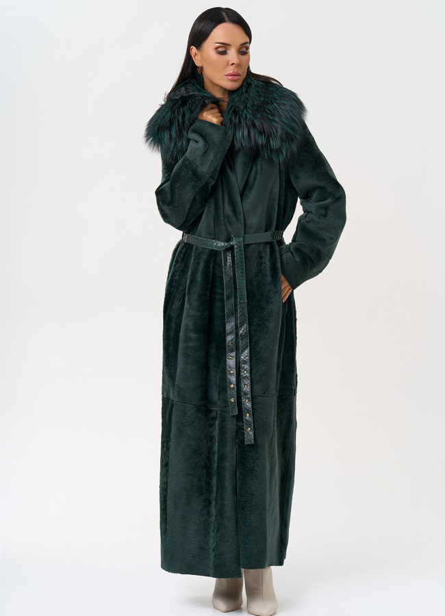 Женская двусторонняя дубленка из меха овчины Cortos с поясом из кожи питона модель № 31400 универмаг малина