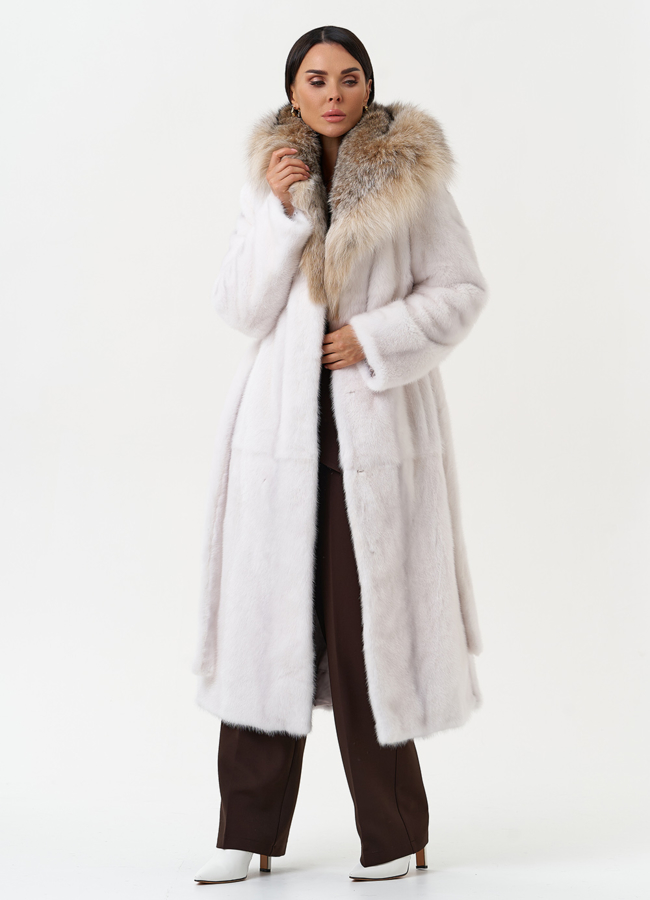Женская шуба из меха норки с капюшоном из меха рыси модель № 29530 в рассрочку