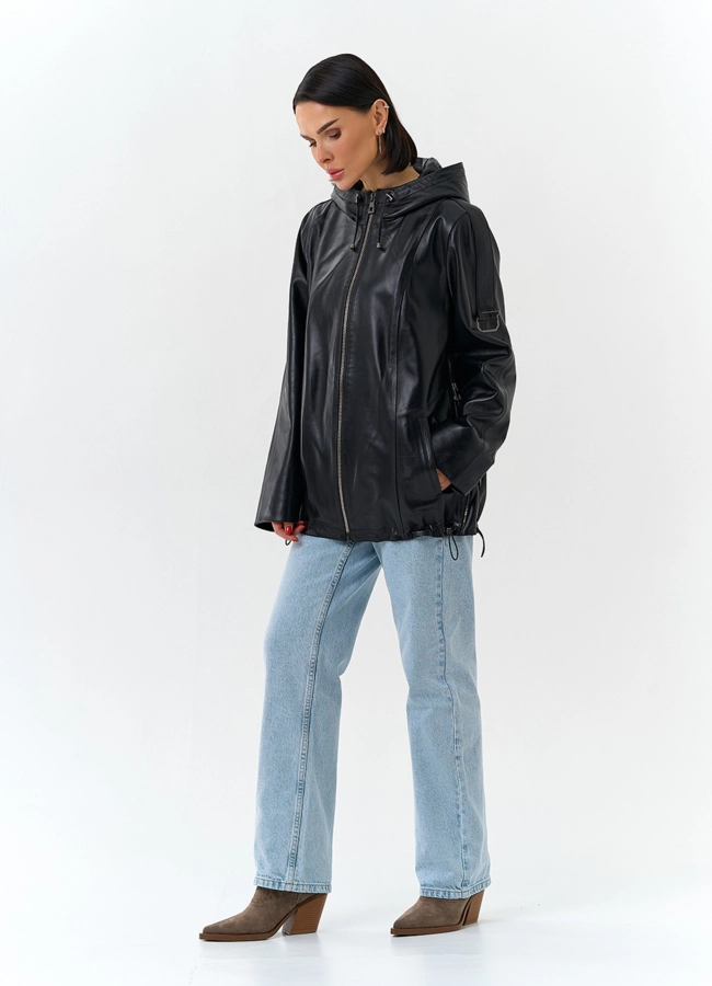 Женская куртка из натуральной кожи с капюшоном модель № 32875 универмаг малина