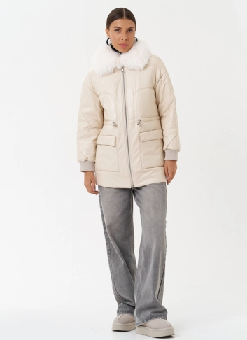 Пуховик из эко кожи с мехом песца
