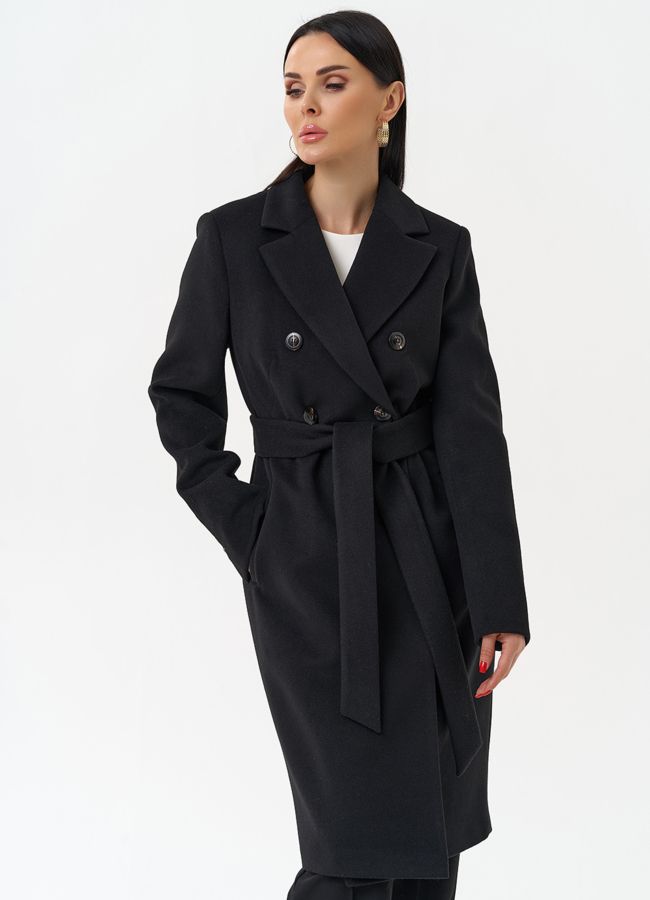 Женское двубортное пальто с поясом модель № 29892 меха малина