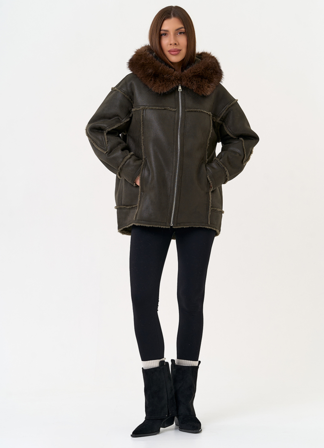 Женская дубленка из эко замши с капюшоном из эко меха модель № 31508 универмаг малина