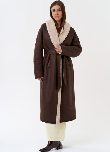 Женская двухсторонняя дубленка из эко замши с воротником шаль