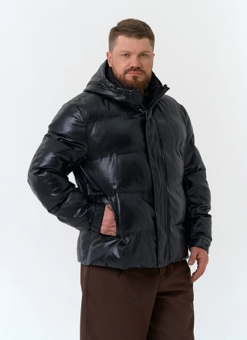 Мужской пуховик из эко кожи с капюшоном фото