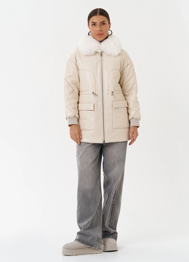 Пуховик из эко кожи с мехом песца модель № 25497 в кредит