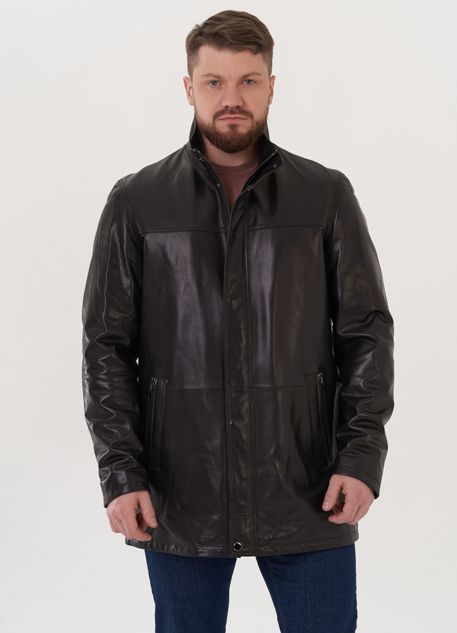 Удлиненная куртка из натуральной кожи модель № 26920 меха малина