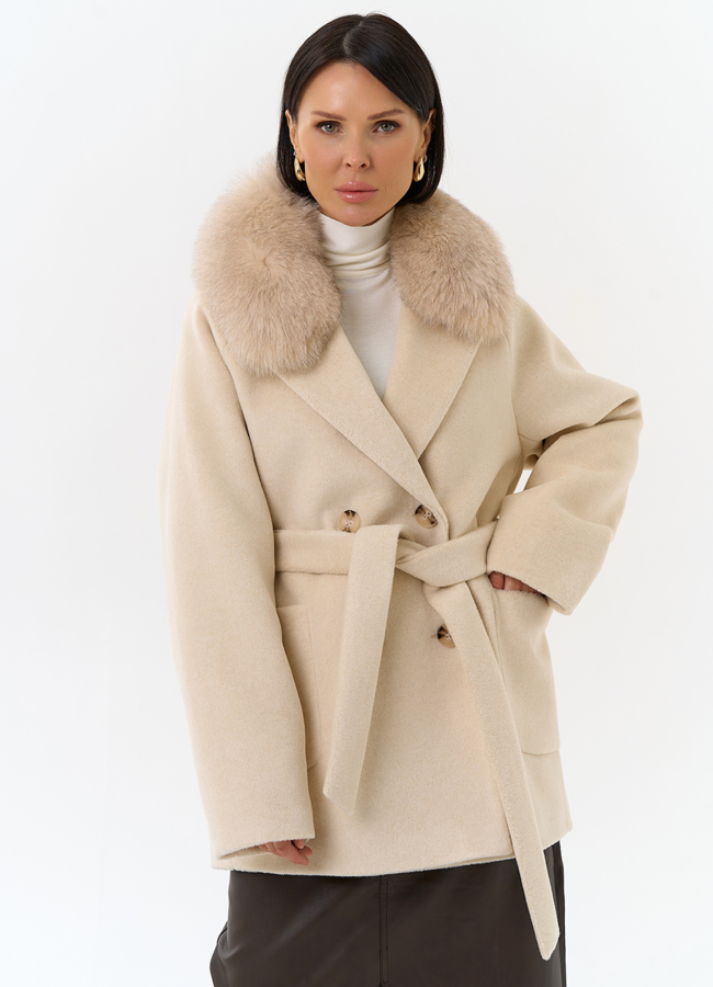 Женское утепленное пальто с отделкой из меха песца модель № 32004 меха малина