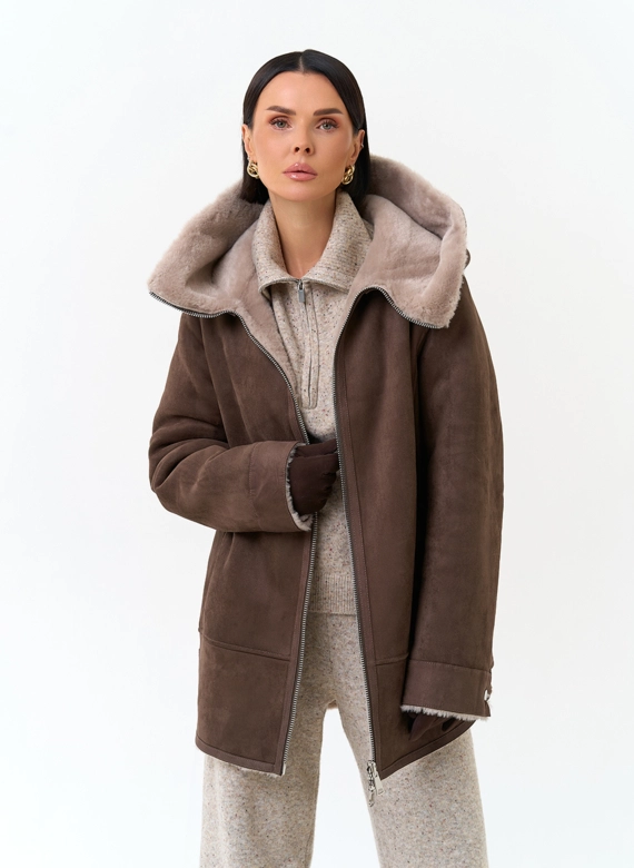 Женская дубленка из эко замши фото