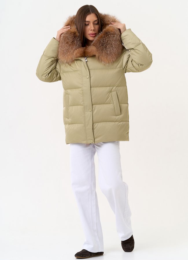 Женский пуховик с отделкой из меха рыжей лисы модель № 31439 универмаг малина