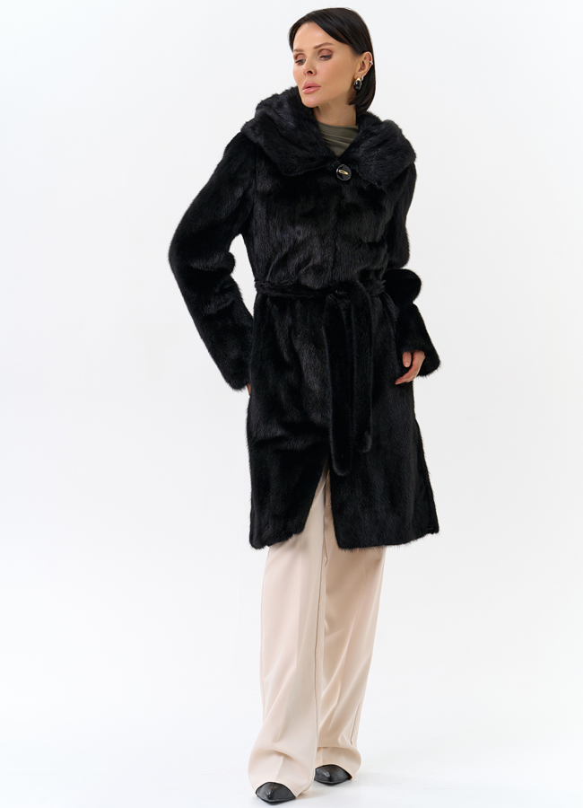 Норковая шуба с капюшоном и поясом черного цвета модель № 29529 универмаг малина