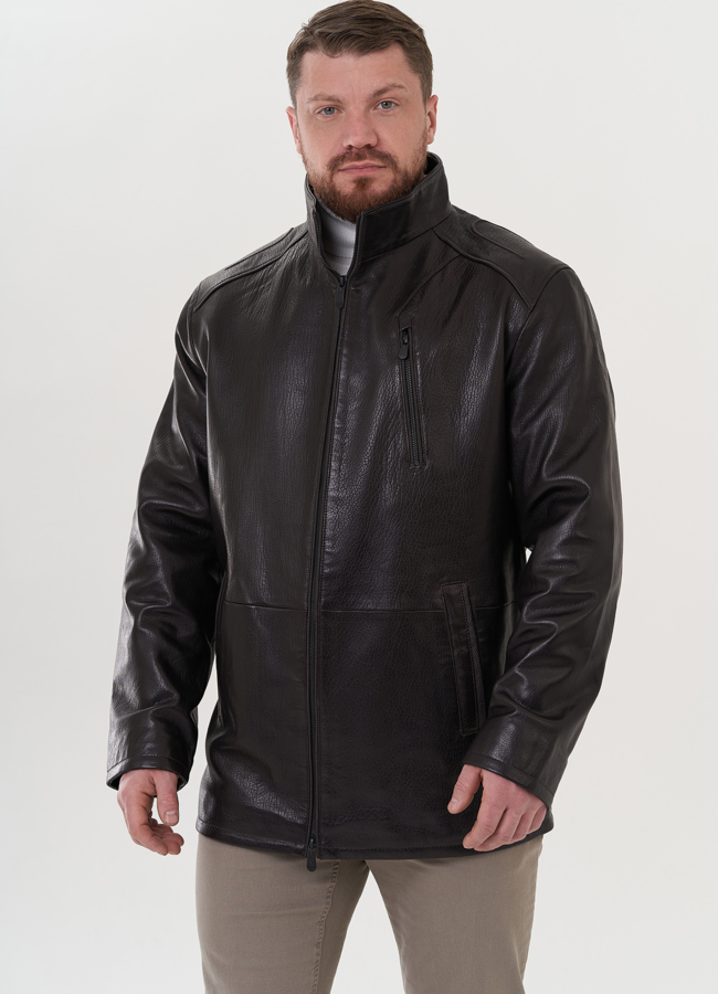 фото Кожаная куртка коричневого цвета модель № 26701